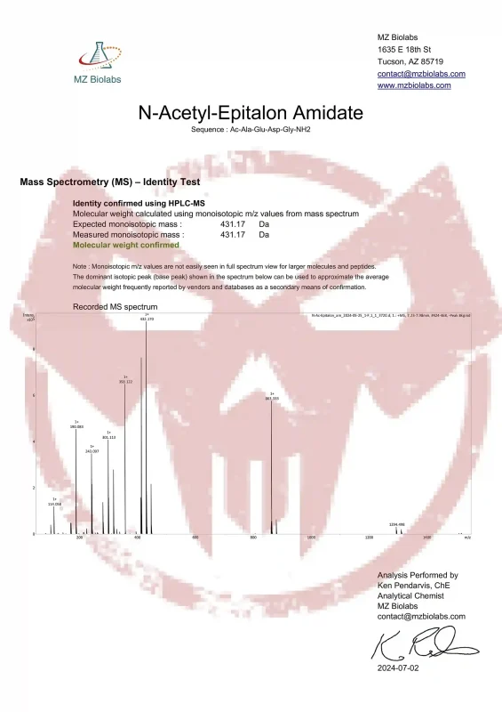 COA N-Acetyl Epitalon amidate lot-PRZ-N-A 2